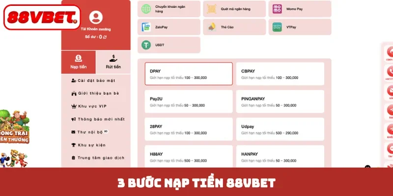 3 bước nạp tiền 88VBET